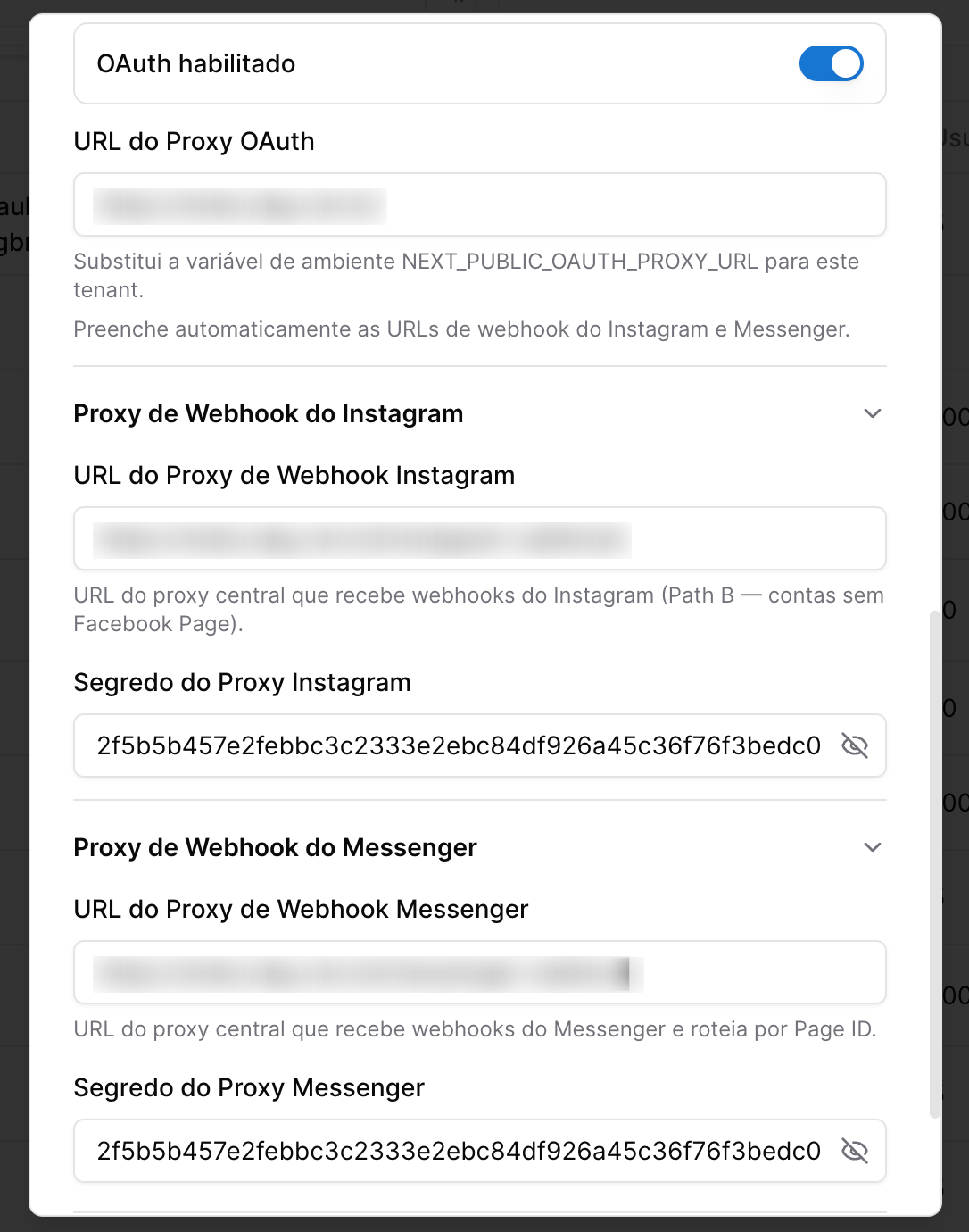 Vittal Flow CRM - tela de configuração do Tenant - oauth instagram e facebook messenger