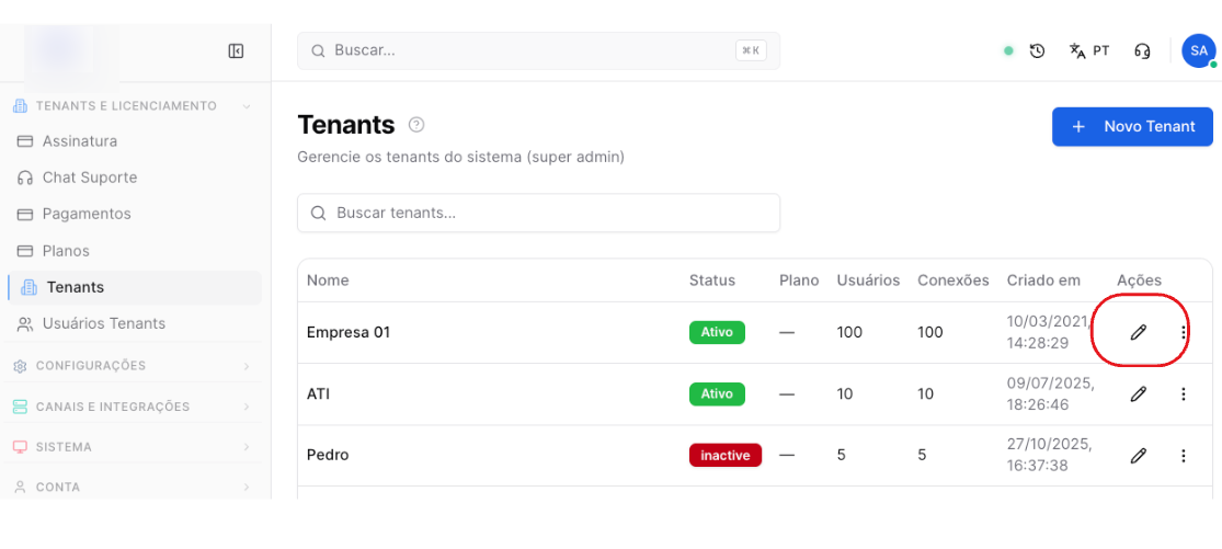 Vittal Flow CRM - tela de gestão de Tenants - como editar tenant