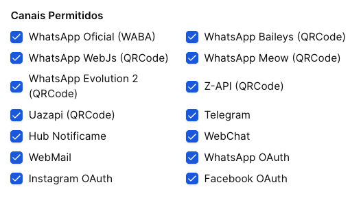 Vittal Flow CRM - tela de configuração do Tenant - canais liberados